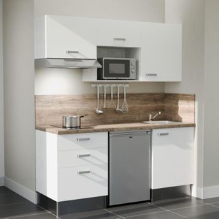 Kitchenette K20l-pt - 180 Cm-façade Blanc-plan Bois-evier Inox-crédences Oui+electro Inox