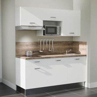 Kitchenette K30l-pt - 180 Cm-façade Blanc-plan Bois-evier Inox-crédences Oui+electro Inox