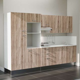 Kitchenette K46l-pt - 300 Cm-façade Bois-plan Blanc-evier Inox-crédences Oui+electro Inox