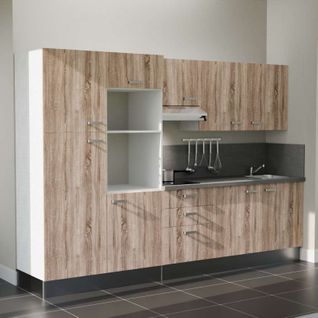 Kitchenette K46l-pt - 300 Cm-façade Bois-plan Gris Béton-evier Inox-crédences Oui+electro Inox
