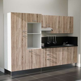 Kitchenette K46l-pt - 300 Cm-façade Bois-plan Noir Texturé-evier Inox-crédences Oui+electro Inox
