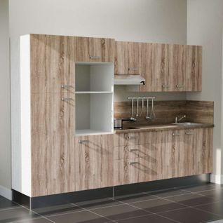 Kitchenette K46l-pt - 300 Cm-façade Bois-plan Bois-evier Inox-crédences Oui+electro Inox