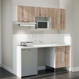Kitchenette K55l-pt - 180 Cm-façade Bois-plan Blanc-evier Inox-crédences Oui+electro Inox