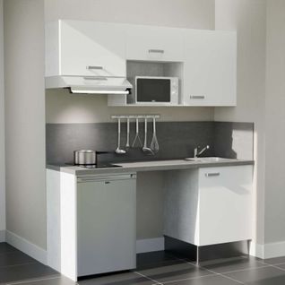 Kitchenette K55l-pt - 180 Cm-façade Blanc-plan Gris Béton-evier Inox-crédences Oui+electro Inox