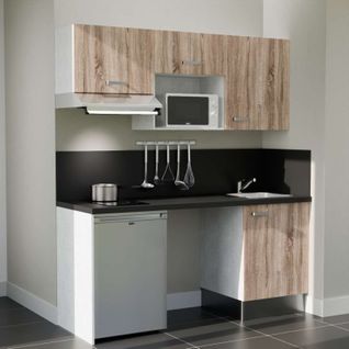 Kitchenette K55l-pt - 180 Cm-façade Bois-plan Noir Texturé-evier Inox-crédences Oui+electro Inox