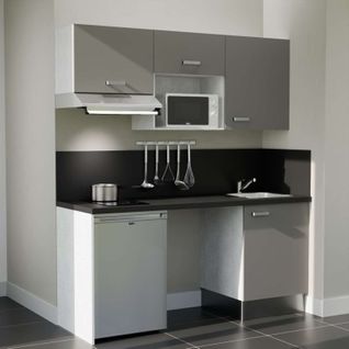 Kitchenette K55l-pt - 180 Cm-façade Gris-plan Noir Texturé-evier Inox-crédences Oui+electro Inox