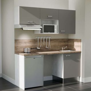 Kitchenette K55l-pt - 180 Cm-façade Gris-plan Bois-evier Inox-crédences Oui+electro Inox