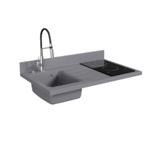 Plan De Travail Monobloc Planiquartz Avec Évier - 100 Cm - Cromo - Évier à Gauche - Vitrocéramique