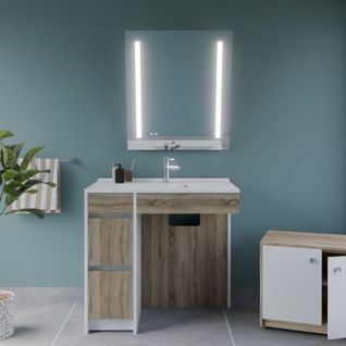 Meuble Salle De Bain Pmr Andy Plus 90 Cm Bois Et Blanc + Miroir Rota Plus - Vasque à Droite