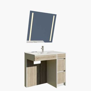 Meuble Salle De Bain Pmr Andy Plus 90 Cm Bois Et Blanc + Miroir Motory - Vasque à Gauche
