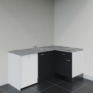 Kitchenette D'angle Ka01l-pt-façade Noir-plan Gris Béton-evier Inox-crédences Non+electro Blanc