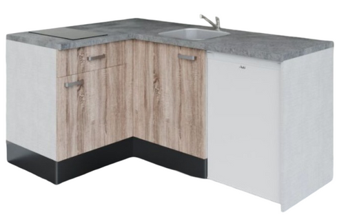 Kitchenette D'angle Ka02l-pt-façade Bois-plan Gris Béton-evier Inox-crédences Non+electro Blanc