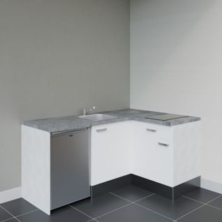 Kitchenette D'angle Ka01l-pt-façade Blanc-plan Gris Béton-evier Inox-crédences Non+electro Inox