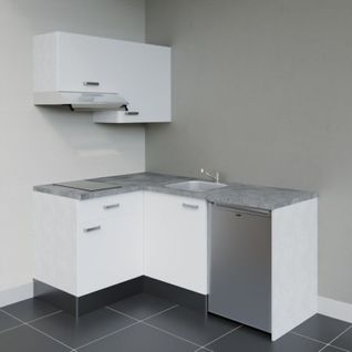 Kitchenette D'angle Ka02l-pt-façade Blanc-plan Gris Béton-evier Inox-crédences Non+electro Inox