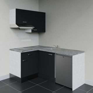 Kitchenette D'angle Ka02l-pt-façade Noir-plan Gris Béton-evier Inox-crédences Non+electro Inox
