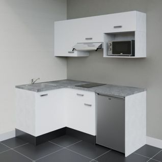 Kitchenette D'angle Ka03l-pt-façade Blanc-plan Gris Béton-evier Inox-crédences Non+electro Inox