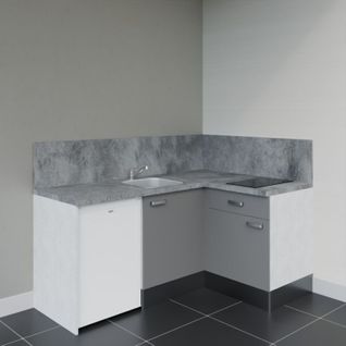 Kitchenette D'angle Ka01l-pt-façade Gris-plan Gris Béton-evier Inox-crédences Oui+electro Blanc