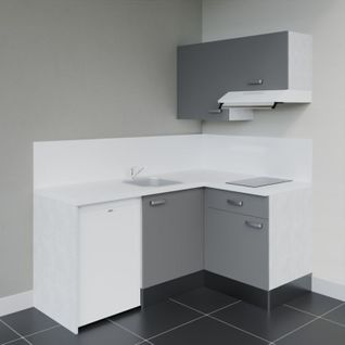 Kitchenette D'angle Ka02l-pt-façade Gris-plan Blanc-evier Inox-crédences Oui+electro Blanc