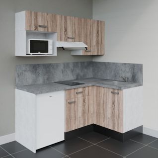 Kitchenette D'angle Ka03l-pt-façade Bois-plan Gris Béton-evier Inox-crédences Oui+electro Blanc