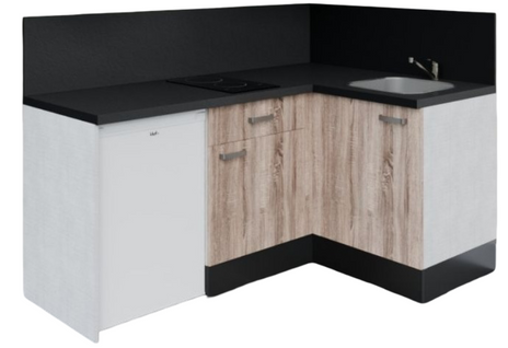 Kitchenette D'angle Ka03l-pt-façade Bois-plan Noir Texturé-evier Inox-crédences Oui+electro Blanc