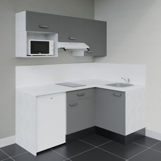 Kitchenette D'angle Ka03l-pt-façade Gris-plan Blanc-evier Inox-crédences Oui+electro Blanc