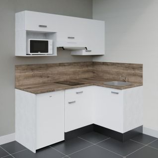 Kitchenette D'angle Ka03l-pt-façade Blanc-plan Bois-evier Inox-crédences Oui+electro Blanc