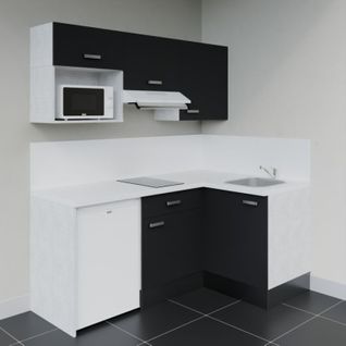 Kitchenette D'angle Ka03l-pt-façade Noir-plan Blanc-evier Inox-crédences Oui+electro Blanc