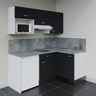 Kitchenette D'angle Ka03l-pt-façade Noir-plan Gris Béton-evier Inox-crédences Oui+electro Blanc