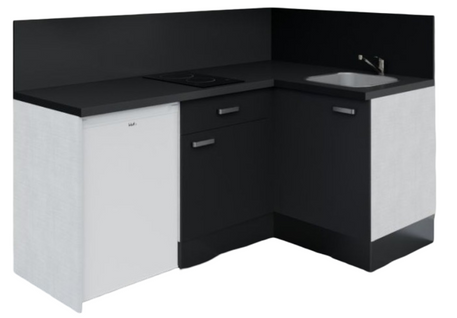 Kitchenette D'angle Ka03l-pt-façade Noir-plan Noir Texturé-evier Inox-crédences Oui+electro Blanc