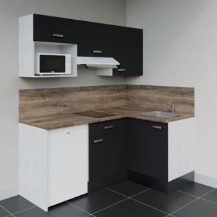Kitchenette D'angle Ka03l-pt-façade Noir-plan Bois-evier Inox-crédences Oui+electro Blanc