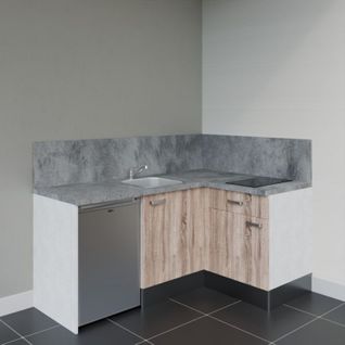 Kitchenette D'angle Ka01l-pt-façade Bois-plan Gris Béton-evier Inox-crédences Oui+electro Inox
