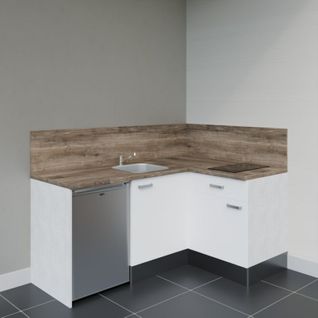 Kitchenette D'angle Ka01l-pt-façade Blanc-plan Bois-evier Inox-crédences Oui+electro Inox