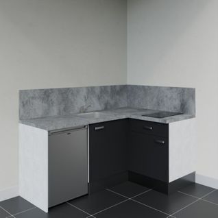 Kitchenette D'angle Ka01l-pt-façade Noir-plan Gris Béton-evier Inox-crédences Oui+electro Inox