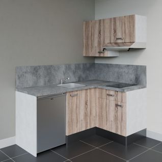 Kitchenette D'angle Ka02l-pt-façade Bois-plan Gris Béton-evier Inox-crédences Oui+electro Inox