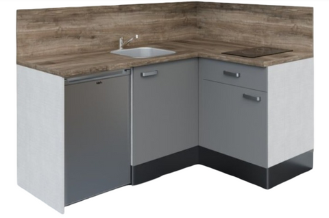 Kitchenette D'angle Ka02l-pt-façade Gris-plan Bois-evier Inox-crédences Oui+electro Inox