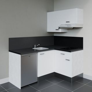 Kitchenette D'angle Ka02l-pt-façade Blanc-plan Noir Texturé-evier Inox-crédences Oui+electro Inox
