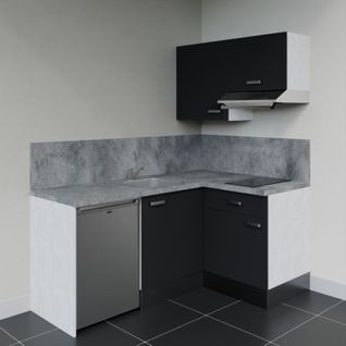 Kitchenette D'angle Ka02l-pt-façade Noir-plan Gris Béton-evier Inox-crédences Oui+electro Inox
