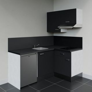 Kitchenette D'angle Ka02l-pt-façade Noir-plan Noir Texturé-evier Inox-crédences Oui+electro Inox