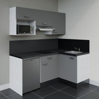 Kitchenette D'angle Ka03l-pt-façade Gris-plan Noir Texturé-evier Inox-crédences Oui+electro Inox
