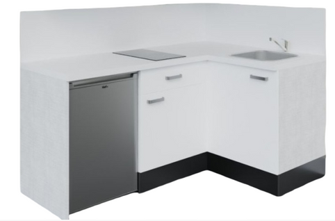 Kitchenette D'angle Ka03l-pt-façade Blanc-plan Blanc-evier Inox-crédences Oui+electro Inox