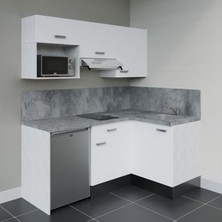 Kitchenette D'angle Ka03l-pt-façade Blanc-plan Gris Béton-evier Inox-crédences Oui+electro Inox