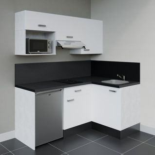 Kitchenette D'angle Ka03l-pt-façade Blanc-plan Noir Texturé-evier Inox-crédences Oui+electro Inox