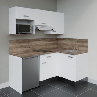 Kitchenette D'angle Ka03l-pt-façade Blanc-plan Bois-evier Inox-crédences Oui+electro Inox