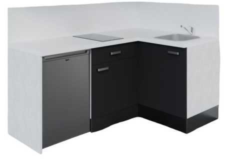 Kitchenette D'angle Ka03l-pt-façade Noir-plan Blanc-evier Inox-crédences Oui+electro Inox