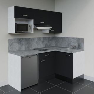 Kitchenette D'angle Ka03l-pt-façade Noir-plan Gris Béton-evier Inox-crédences Oui+electro Inox