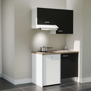 Kitchenette K01l-pt - 120 Cm-façade Noir-plan Bois-evier Inox-crédences Non+electro Blanc