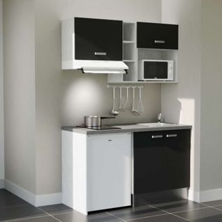 Kitchenette K13l-pt - 140 Cm-façade Noir-plan Gris Béton-evier Inox-crédences Non+electro Blanc