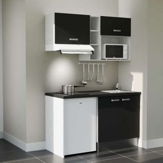 Kitchenette K13l-pt - 140 Cm-façade Noir-plan Noir Texturé-evier Inox-crédences Non+electro Blanc