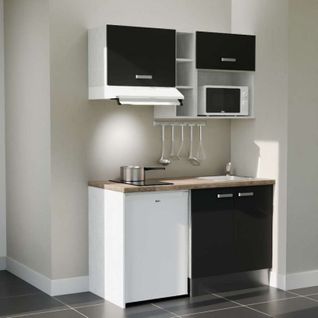 Kitchenette K13l-pt - 140 Cm-façade Noir-plan Bois-evier Inox-crédences Non+electro Blanc