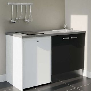 Kitchenette K17l-pt - 140 Cm-façade Noir-plan Gris Béton-evier Inox-crédences Non+electro Blanc
